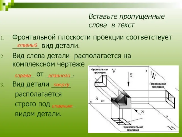 Вставьте пропущенные слова в текст Фронтальной плоскости проекции соответствует _______ вид детали.