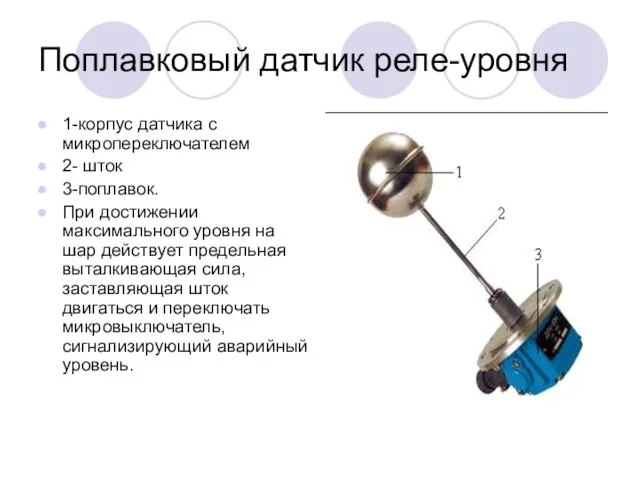 Поплавковый датчик реле-уровня 1-корпус датчика с микропереключателем 2- шток 3-поплавок. При достижении