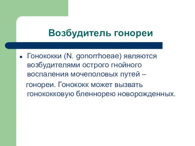 Возбудитель гонореи Гонококки (N. gonorrhoeae) являются возбудителями острого гнойного воспаления мочеполовых путей