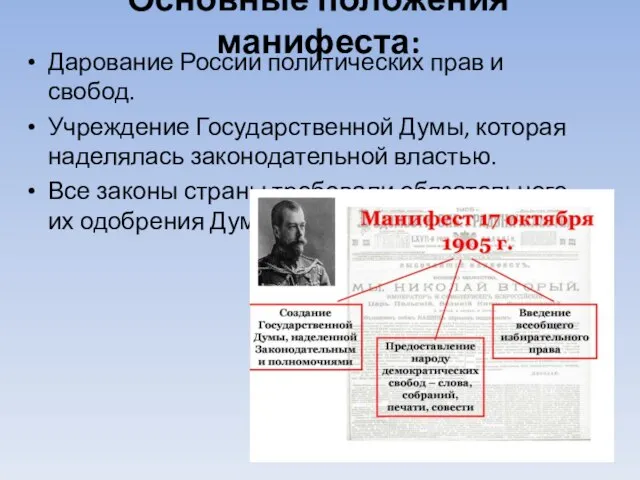 Основные положения манифеста: Дарование России политических прав и свобод. Учреждение Государственной Думы,