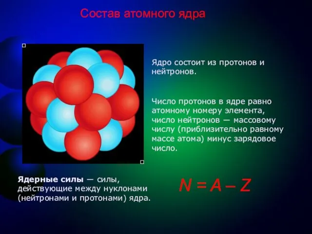 Ядро состоит из протонов и нейтронов. Число протонов в ядре равно атомному