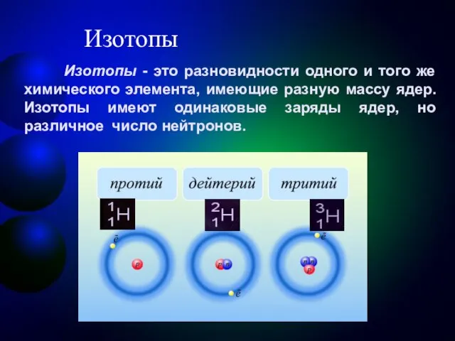 Изотопы Изотопы - это разновидности одного и того же химического элемента, имеющие