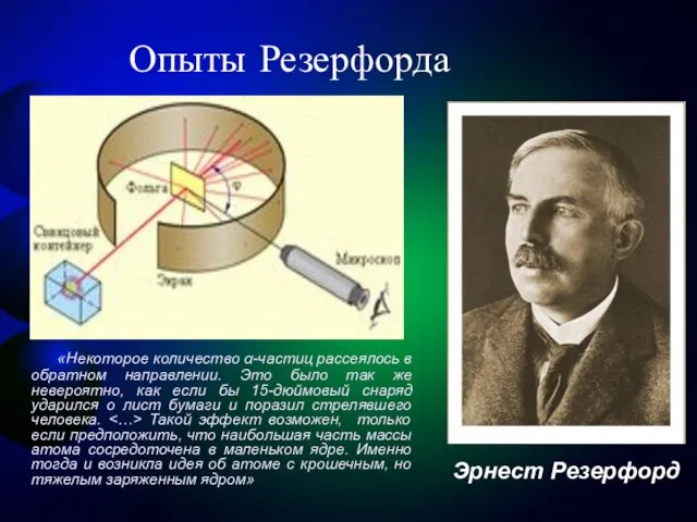 Опыты Резерфорда «Некоторое количество α-частиц рассеялось в обратном направлении. Это было так