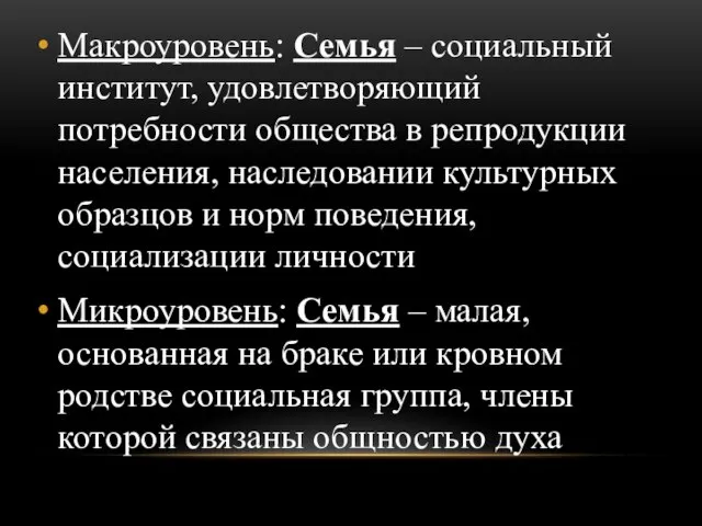 Макроуровень: Семья – социальный институт, удовлетворяющий потребности общества в репродукции населения, наследовании