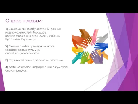 Опрос показал: 1) В школе №115 обучаются 27 разных национальностей, большое количество