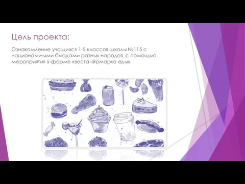 Цель проекта: Ознакомление учащихся 1-5 классов школы №115 с национальными блюдами разных