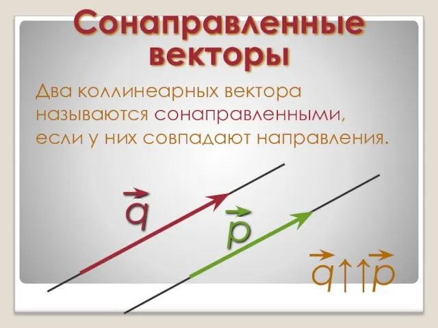 Сонаправленные векторы Два коллинеарных вектора называются сонаправленными, если у них совпадают направления.