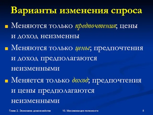 Глава 2. Экономика домохозяйства 10. Максимизация полезности Варианты изменения спроса Меняются только