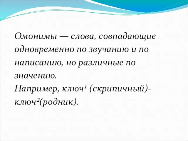 Омонимы — слова, совпадающие одновременно по звучанию и по написанию, но различные