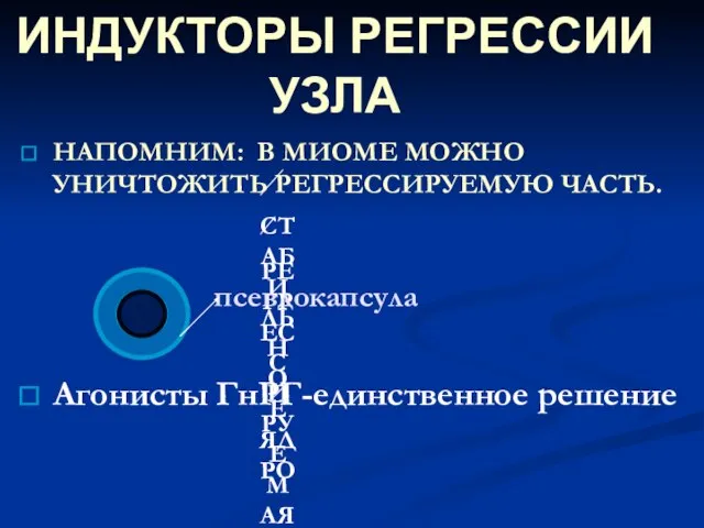 ИНДУКТОРЫ РЕГРЕССИИ УЗЛА НАПОМНИМ: В МИОМЕ МОЖНО УНИЧТОЖИТЬ РЕГРЕССИРУЕМУЮ ЧАСТЬ. Агонисты ГнРГ-единственное решение псевдокапсула