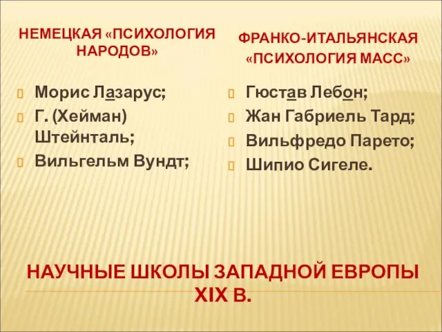 НАУЧНЫЕ ШКОЛЫ ЗАПАДНОЙ ЕВРОПЫ XIX В. НЕМЕЦКАЯ «ПСИХОЛОГИЯ НАРОДОВ» ФРАНКО-ИТАЛЬЯНСКАЯ «ПСИХОЛОГИЯ МАСС»