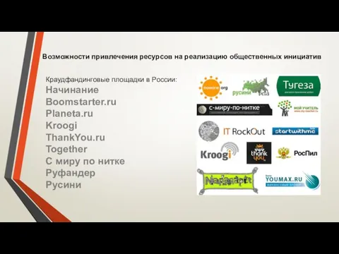 Краудфандинговые площадки в России: Начинание Boomstarter.ru Planeta.ru Kroogi ThankYou.ru Together С миру