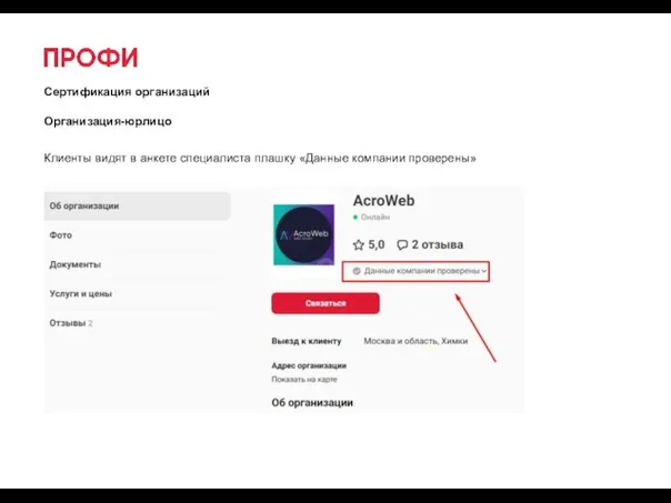 Сертификация организаций Организация-юрлицо Клиенты видят в анкете специалиста плашку «Данные компании проверены»