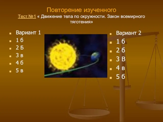 Повторение изученного Тест №1 « Движение тела по окружности. Закон всемирного тяготения»