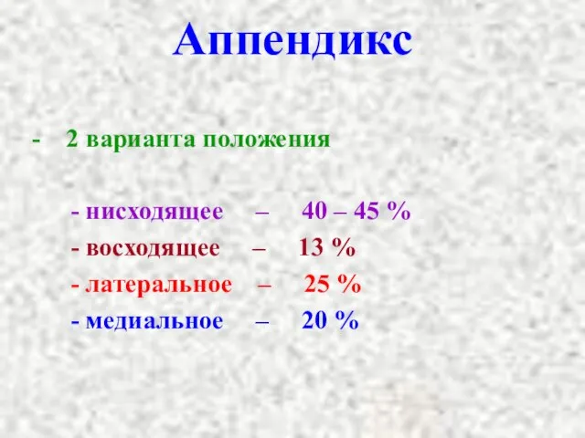 Аппендикс - 2 варианта положения - нисходящее – 40 – 45 %