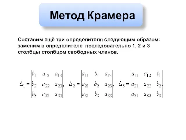 Метод Крамера Составим ещё три определителя следующим образом: заменим в определителе последовательно