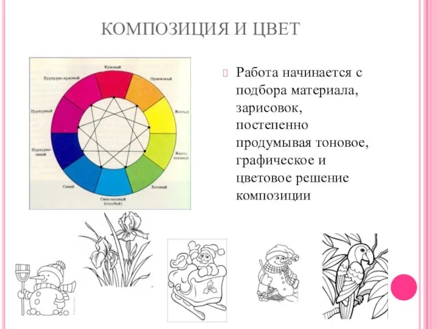 КОМПОЗИЦИЯ И ЦВЕТ Работа начинается с подбора материала, зарисовок, постепенно продумывая тоновое,