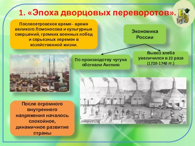 1. «Эпоха дворцовых переворотов». Послепетровское время - время великого Ломоносова и культурных