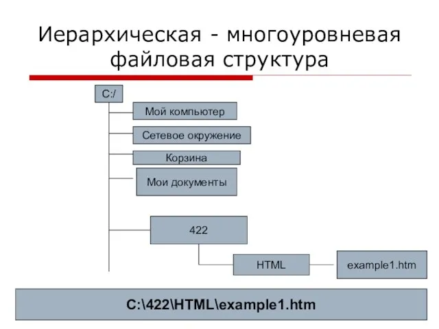 Иерархическая - многоуровневая файловая структура Мой компьютер Сетевое окружение Корзина Мои документы