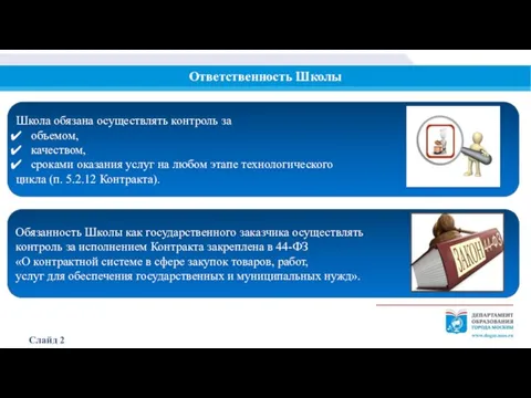 Ответственность Школы Слайд 2 Школа обязана осуществлять контроль за объемом, качеством, сроками