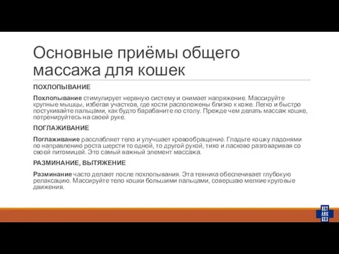 Основные приёмы общего массажа для кошек ПОХЛОПЫВАНИЕ Похлопывание стимулирует нервную систему и