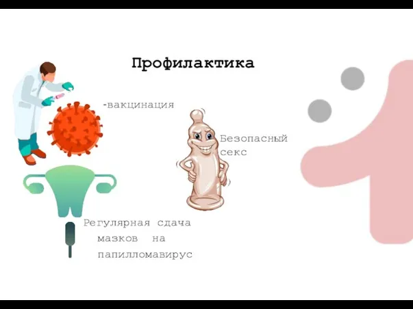 Регулярная сдача мазков на папилломавирус Профилактика -вакцинация Безопасный секс