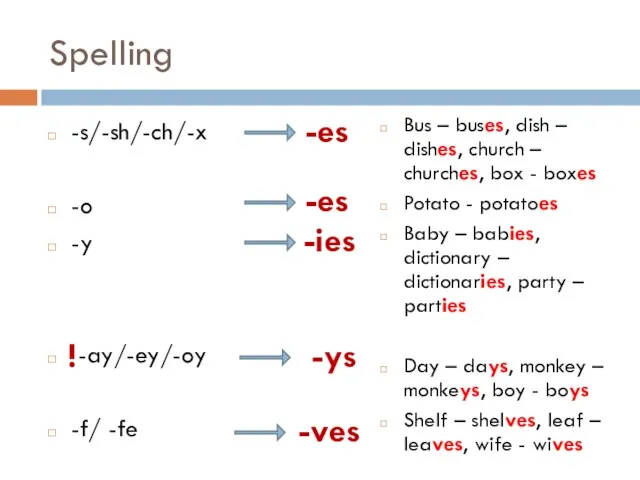 Spelling -s/-sh/-ch/-x -o -y -ay/-ey/-oy -f/ -fe -es -ies ! -ys -ves