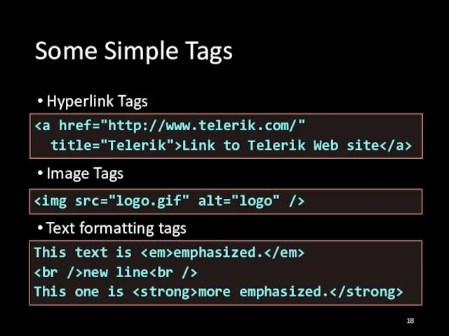 Some Simple Tags Hyperlink Tags Image Tags Text formatting tags title="Telerik">Link to