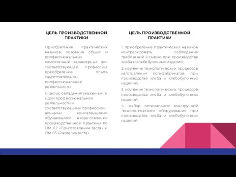 ЦЕЛЬ ПРОИЗВОДСТВЕННОЙ ПРАКТИКИ ЦЕЛЬ ПРОИЗВОДСТВЕННОЙ ПРАКТИКИ Приобретение практических навыков, освоение общих и