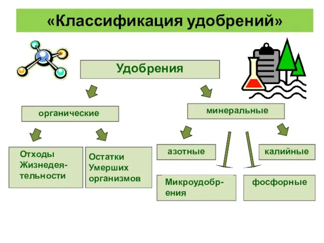 «Классификация удобрений» Удобрения органические минеральные Отходы Жизнедея- тельности Остатки Умерших организмов азотные калийные фосфорные Микроудобр-ения