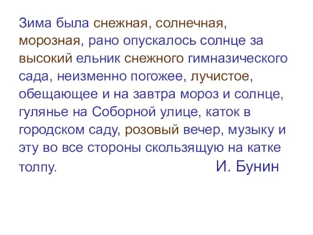 Зима была снежная, солнечная, морозная, рано опускалось солнце за высокий ельник снежного