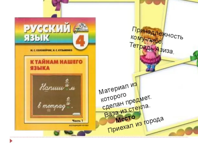 Принадлежность кому-либо. Тетрадь Азиза. Материал из которого сделан предмет. Ваза из стекла. Место Приехал из города