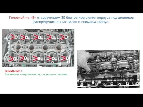 Головкой на «8» отворачиваем 20 болтов крепления корпуса подшипников распределительных валов и