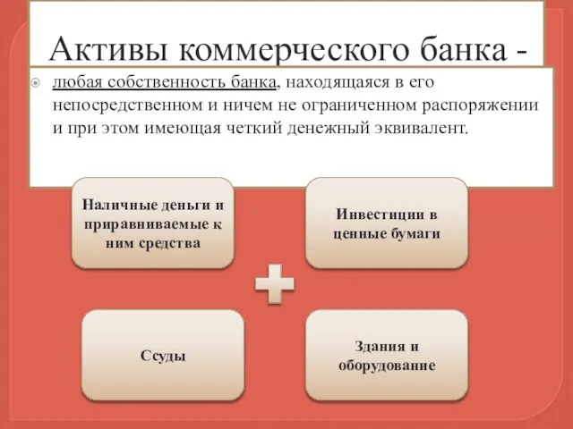 Активы коммерческого банка - любая собственность банка, находящаяся в его непосредственном и