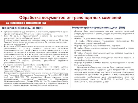 Обработка документов от транспортных компаний 3.2 Требования к оформлению ТСД Транспортная накладная