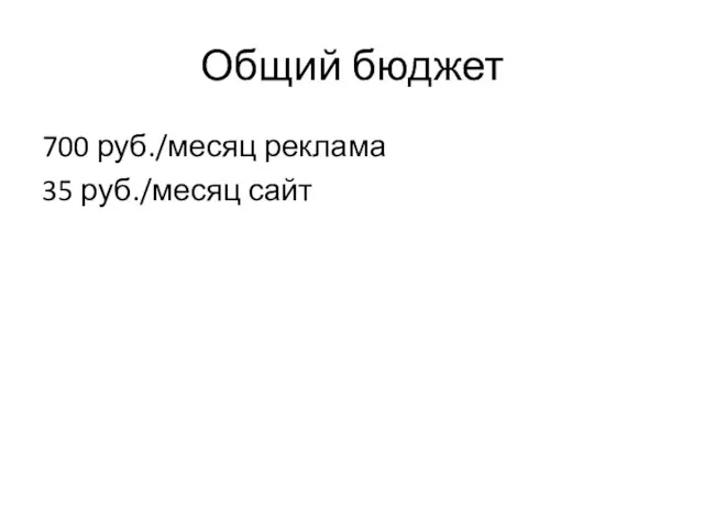 Общий бюджет 700 руб./месяц реклама 35 руб./месяц сайт