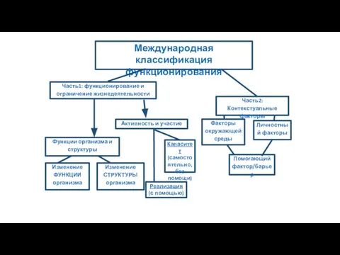 Международная классификация функционирования Часть1: функционирование и ограничение жизнедеятельности Часть2: Контекстуальные факторы Функции