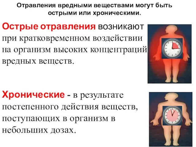 Хронические - в результате постепенного действия веществ, поступающих в организм в небольших