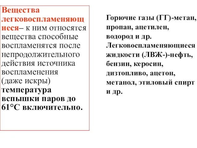 Горючие газы (ГГ)-метан, пропан, ацетилен, водород и др. Легковоспламеняющиеся жидкости (ЛВЖ-)-нефть, бензин,