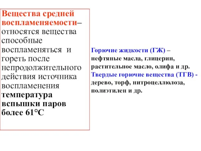 Горючие жидкости (ГЖ) – нефтяные масла, глицерин, растительное масло, олифа и др.