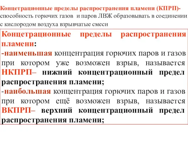 Концетрационные пределы распространения пламени (КПРП)- способность горючих газов и паров ЛВЖ образовывать