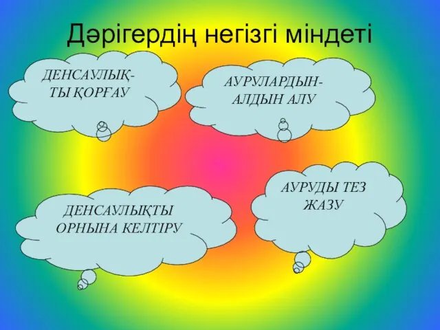 Дәрігердің негізгі міндеті ДЕНСАУЛЫҚ-ТЫ ҚОРҒАУ АУРУЛАРДЫН-АЛДЫН АЛУ ДЕНСАУЛЫҚТЫ ОРНЫНА КЕЛТІРУ АУРУДЫ ТЕЗ ЖАЗУ