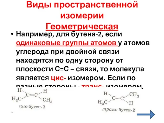 Виды пространственной изомерии Геометрическая Например, для бутена-2, если одинаковые группы атомов у