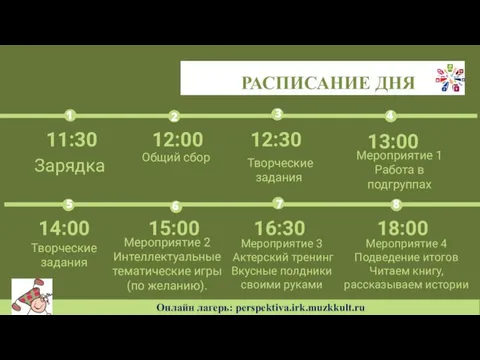 Зарядка 11:30 Мероприятие 1 Работа в подгруппах 13:00 Общий сбор 12:00 Творческие