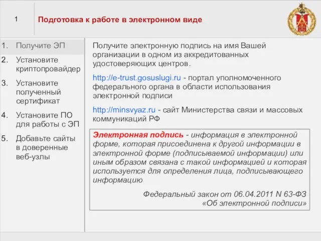 1 Подготовка к работе в электронном виде Получите ЭП Установите криптопровайдер Установите