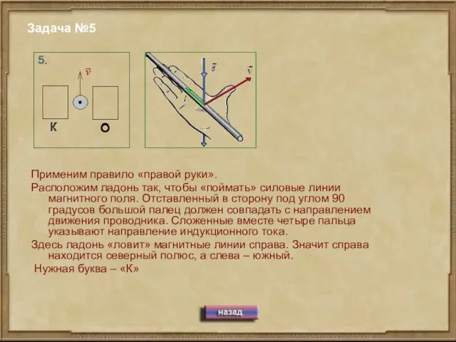 Задача №5 Применим правило «правой руки». Расположим ладонь так, чтобы «поймать» силовые