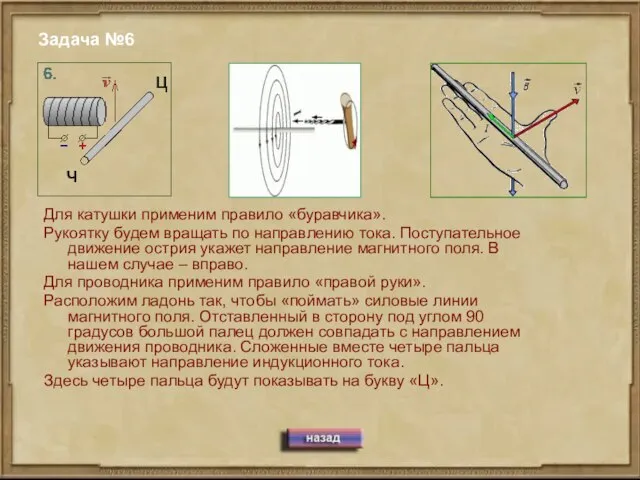 Задача №6 Для катушки применим правило «буравчика». Рукоятку будем вращать по направлению