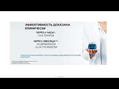 ЭФФЕКТИВНОСТЬ ДОКАЗАНА КЛИНИЧЕСКИ ЧЕРЕЗ 4 ЧАСА*: +15% ТОНУСА ЧЕРЕЗ 2 МЕСЯЦА**: -7%