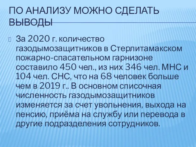 ПО АНАЛИЗУ МОЖНО СДЕЛАТЬ ВЫВОДЫ За 2020 г. количество газодымозащитников в Стерлитамакском