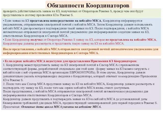 Обязанности Координаторов проверить действительность заявок на КЗ, полученных от Операторов Режима S,